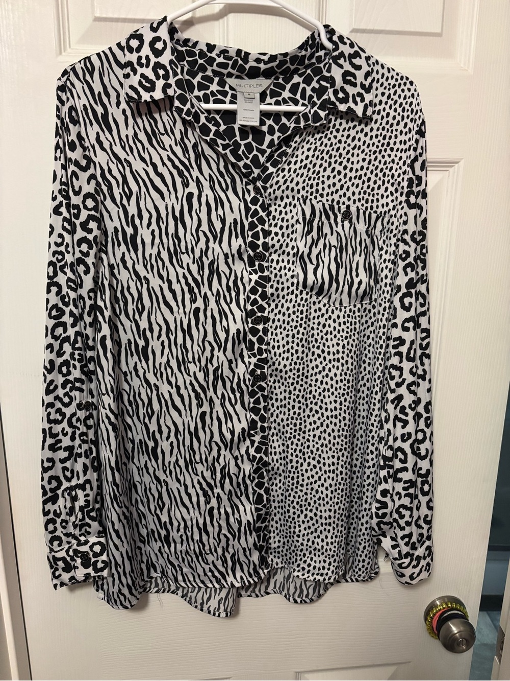 Multiples Black & White Mixed Animal Print Button-Up - Size M